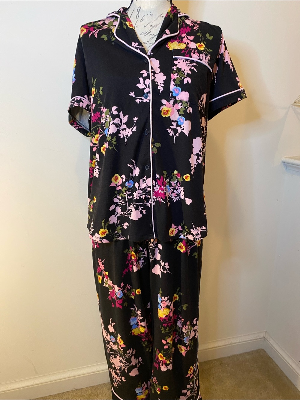 Black Floral Pajama Set with Pink Piping - Read